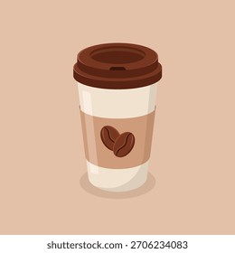 Taza de café de papel con el tenedor y los granos de café cuadro. Café para la Ilustración vectorial.	