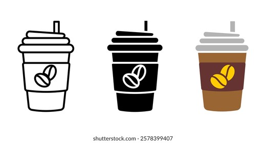 Paper coffee cup icon. Cappuccino or latte illustration. Cafe hot drink symbol. Coffee break sign. Disposable cup beverage pictogram.