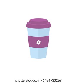 Paper Coffee Cup Icon Isolated On White Background. Purple Drink Container For Cappuccino, Espresso Or Latte With Closed Lid And Bean Drawing, Cartoon Style Vector Illustration