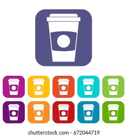 Paper coffee cup icons set vector illustration in flat style In colors red, blue, green and other