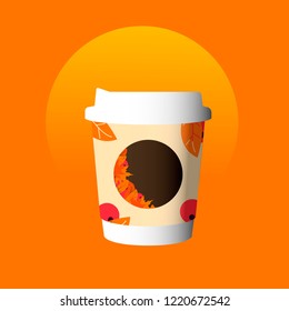 Paper coffee cup, with lid and autumn pattern. Vector