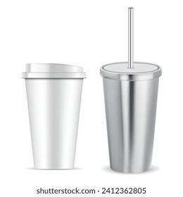 Paper coffee cup with lid mockup. Realistic white package template. Ice tea, juice or milk beverage jar set. Illustration of chocolate milkshake, espresso or mocha closed container with cap