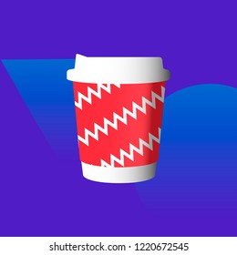 Paper coffee cup, with lid and zigzag pattern. Vector