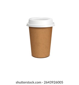 Paper coffee cup mockup, blank brown container with white lid. Template for latte mocha cappuccino drinks. Realistic vector 3d mockup
