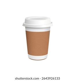 Paper coffee cup mockup, blank brown container with lid.Template for latte mocha cappuccino drinks. Realistic vector 3d mockup