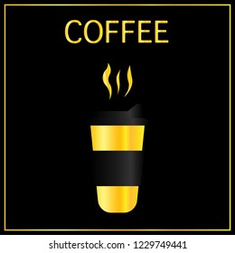 Paper coffee cup mock-up on black reflective background. Vector realistic illustration of coffee golden cup with black cap. Package mockup design for branding