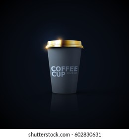 Paper coffee cup mock-up on black reflective background. Vector realistic 3d illustration of black coffee cup with golden cap. Package mockup design for branding