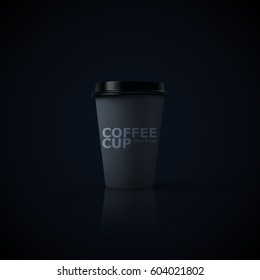 Paper coffee cup mock-up on black reflective background. Vector realistic 3d illustration. Package mockup design for branding