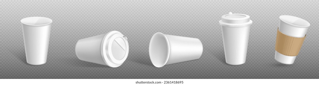 Paper coffee cup mockup with plastic cap and craft holder. Realistic vector illustration set of white cardboard take out mug - open and closed with cover, standing and lying. Hot drink container.