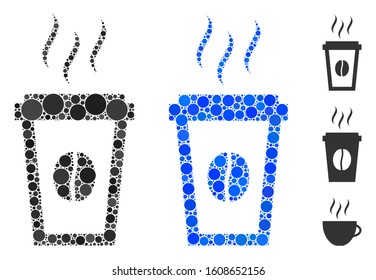 Paper coffee cup mosaic of circle elements in variable sizes and color tinges, based on paper coffee cup icon. Vector circle elements are organized into blue collage.