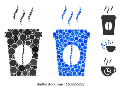 Paper coffee cup mosaic of round dots in various sizes and shades, based on paper coffee cup icon. Vector round dots are composed into blue collage.