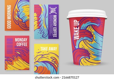 Papier Kaffeetasse mehrfarbige Cover Label realistische Vorlage Sammlung Vektorgrafik. Wiederverwertung des Blindfarbensatzes für den heißen Getränketrockner mit Textstelle. Nehmen Sie Coffeingetränk ein