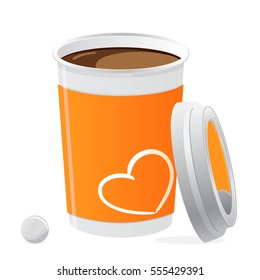 Paper coffee cup. Orange label with heart print. Object with shadow over white background