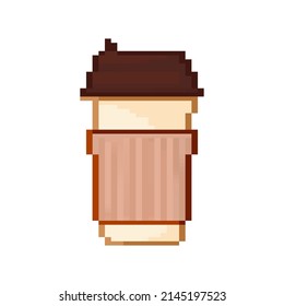 Paper coffee cup in pixel style on white background. Blank mockup. Mock up, template. Coffee drink