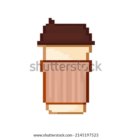 Paper coffee cup in pixel style on white background. Blank mockup. Mock up, template. Coffee drink