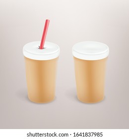 Paper coffee cup with plastic cap and tube. 3d style editable vector mockup for a design