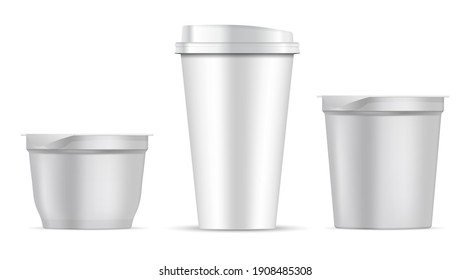 Paper Coffee Cup. Plastic Food Pot White Blank. Isolated Yougurt Container Vector Template, Disposable Pack. Cardboard Tea Cup With Cover, Takeaway Package Mock Up, Foil Top, Round Design