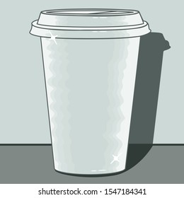 A paper coffee cup with a plastic lid, color vector illustration drawn by hand in gray colors