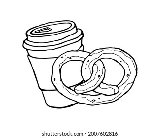 A paper coffee cup with a plastic lid. Coffee to take away. Bretzel with salt. Vector logo illustration on a white background. 