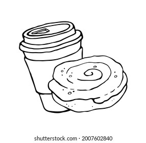 A paper coffee cup with a plastic lid. Coffee to take away. Buns with icing and cinnamon. Vector logo illustration on a white background. 