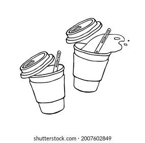 Eine Kaffeetasse aus Papier mit Plastikdeckel. Kaffee zum Mitnehmen. Kaffee vom Automaten. Vektorgrafik mit Logo auf weißem Hintergrund. 