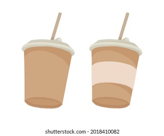 A paper coffee cup with a plastic lid and a tube. Coffee to go. Full-color vector illustration on a white background.