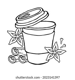 A paper coffee cup with a plastic lid. Coffee to go. Vector illustration on a white background. Coffee with spices. Cinnamon, cloves.
