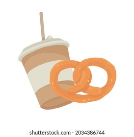 A paper coffee cup with a plastic lid. Coffee to go. Vector illustration on a white background. Coffee with bretzel.