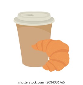 A paper coffee cup with a plastic lid. Coffee to go. Vector illustration on a white background. Coffee with croissant.