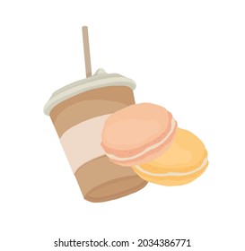 Eine Kaffeetasse aus Papier mit Plastikdeckel und einer Tube. Kaffee zum Mitnehmen. Makronen. Vektorgrafik mit Logo auf weißem Hintergrund.