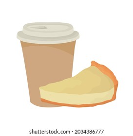 A paper coffee cup with a plastic lid. Coffee to go. Vector illustration on a white background. A piece of classic cheesecake. 