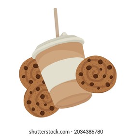 A paper coffee cup with a plastic lid. Coffee to go. Vector illustration. Coffee with cookies.