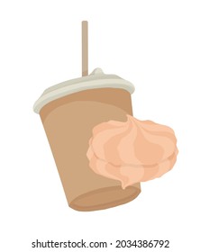 Una taza de café de papel con una tapa de plástico. Café para ir. Ilustración vectorial en un fondo blanco. Café con malvaviscos.