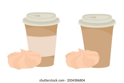 A paper coffee cup with a plastic lid. Coffee to go. Vector illustration on a white background. Coffee with marshmallows.