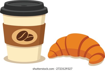 Xícara de café de papel com tampa de plástico. Café para ir. Café com um croissant.  Gráfico plano para conceitos de café, loja. Café da manhã saboroso. Ilustração vetorial em estilo plano.