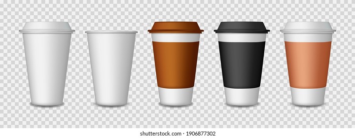 Café de papel. Parodia plástica de la taza con tapa. Copa de té en el café. Quita café caliente. Conjunto de plantillas para la bebida de latte, espresso, cappuccino en taza. Diseño de burla para el restaurante. Vector.