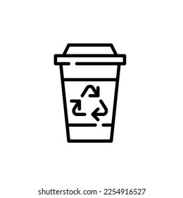 Café de papel con el símbolo de reciclaje. Icono de trazo de píxeles perfecto, modificable