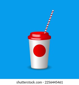 Paper coffee cup with red lid and striped straw. 3D vector object