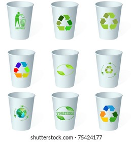 Paper coffee cup set with different green recycle sign printed on it. Vector Set 1