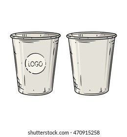 Paper coffee cup set on a white background. Cartoon coffee cup.
