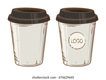 Paper coffee cup set on a white background. Cartoon coffee cup.