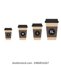 Colección de tamaño de taza de café de papel. Pequeño, Mediano y Grande conjunto de bebidas para llevar