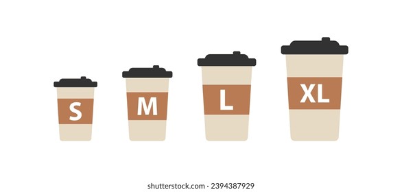 Paper coffee cup size icon. Small, medium and large take away drink set sign. Hot tea beverage. Vector illustration.