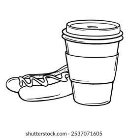 Paper coffee cup sketch and Hot dog. Coffee to go and sausage in bread outline drawing painted by black inks. Hand drawn vector illustration on white. Monochrome picture Coffee hot drink take away