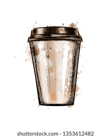 Paper coffee cup from a splash of watercolor, hand drawn sketch. Vector illustration of paints