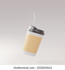Paper coffee cup with a straw on a grey background. Vector illustration.