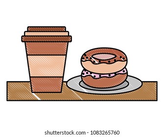 paper coffee cup and sweets donut on dish
