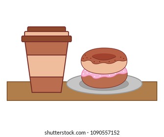paper coffee cup and sweets donut on dish