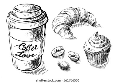 Paper coffee cup and sweets in graphic style