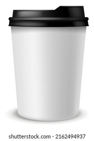 Paper coffee cup. Takeaway carton container for latte, espresso and cappuccino, black plastic lid, cafe or restaurant morning drinks, white blank package, 3d mockup, vector 3d element